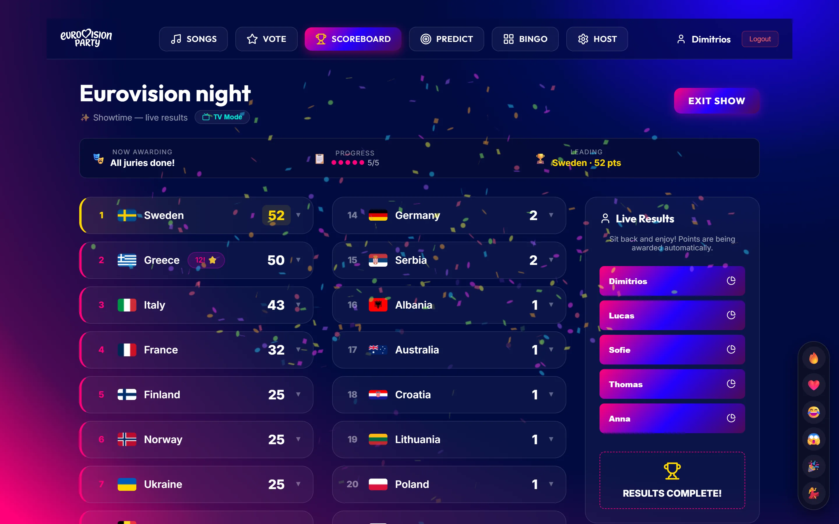 Eurovision Party on a desktop browser